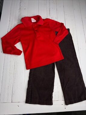 2-3T 70-80s vintage sears Kids Long-Sleeve Red Polo Shirt, brown Corderoy pants